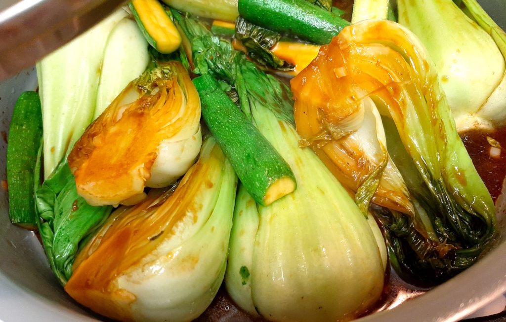 Sauteed Baby Bok Choy with Baby Zucchini in soy sauce, garlic, and wasabi.