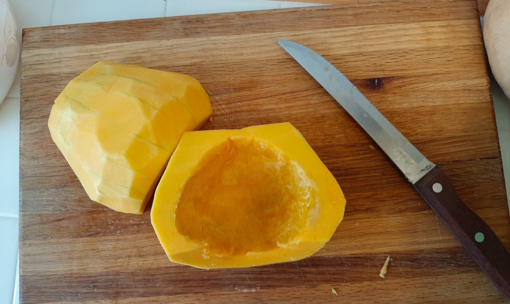 How to cut a butternut squash: bowl, seeds removed.