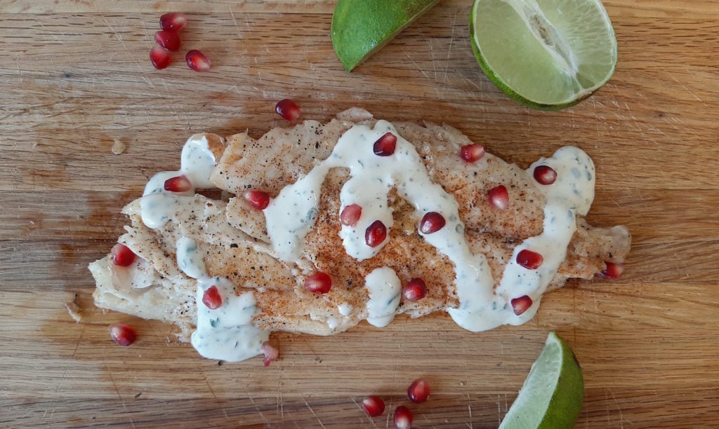 Pan-Seared Red Snapper, Summery dinner with cilantro lime dressing, paprika and pomegranate seeds