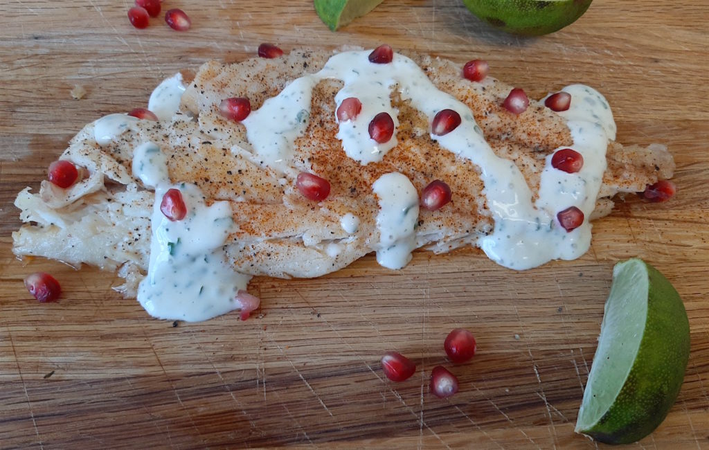 Pan-Seared Red Snapper, Summery dinner with cilantro lime dressing, paprika and pomegranate seeds