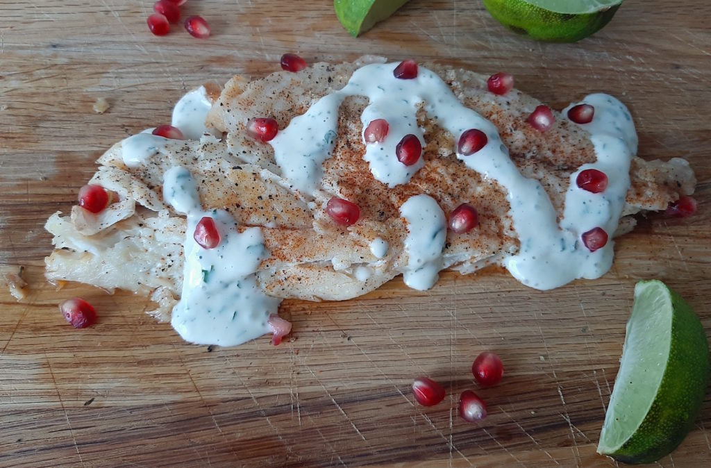 Pan-Seared Red Snapper, Summery dinner with cilantro lime dressing, paprika and pomegranate seeds