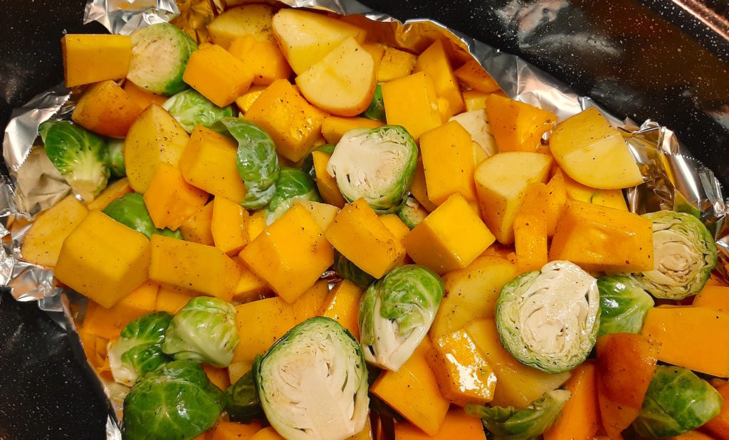 Butternut Squash, Brussels Sprouts, and Kestrel Potatoes roasted with oil and spices.