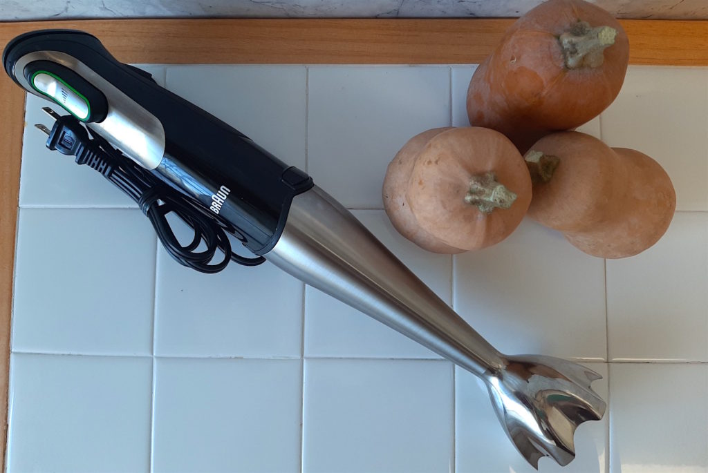 Braun Immersion blender with butternut squash, perfect for blended creamy soups!
