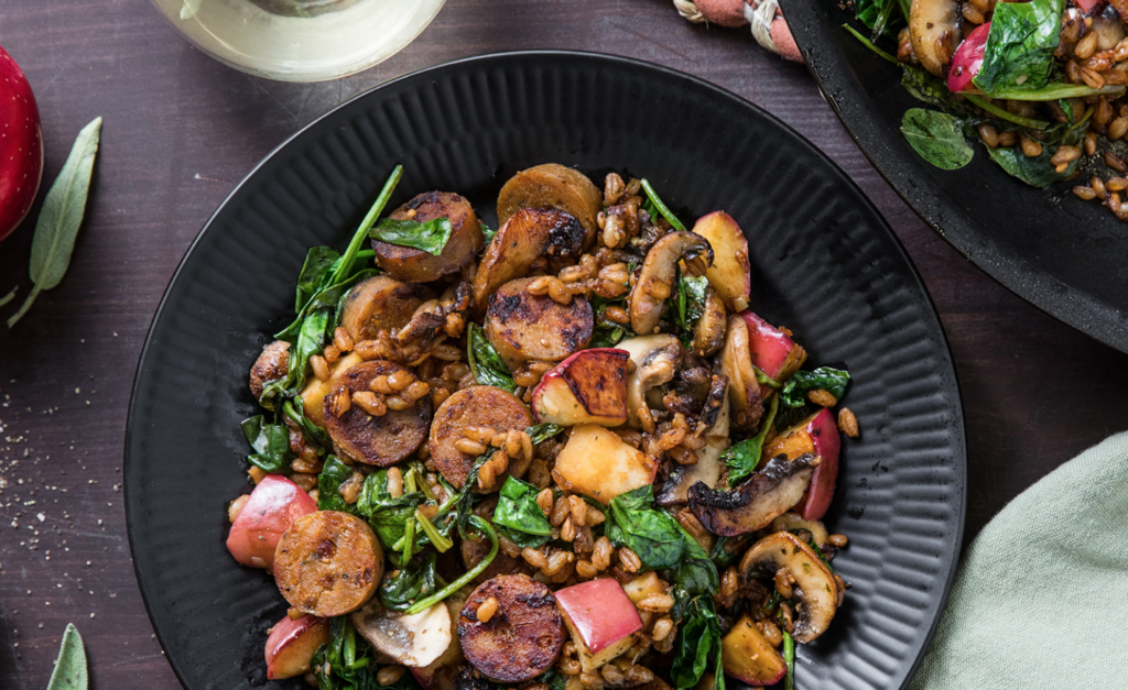 Apple Sausage Skillet with Farro, Mushrooms, and Spinach from the Purple Carrot