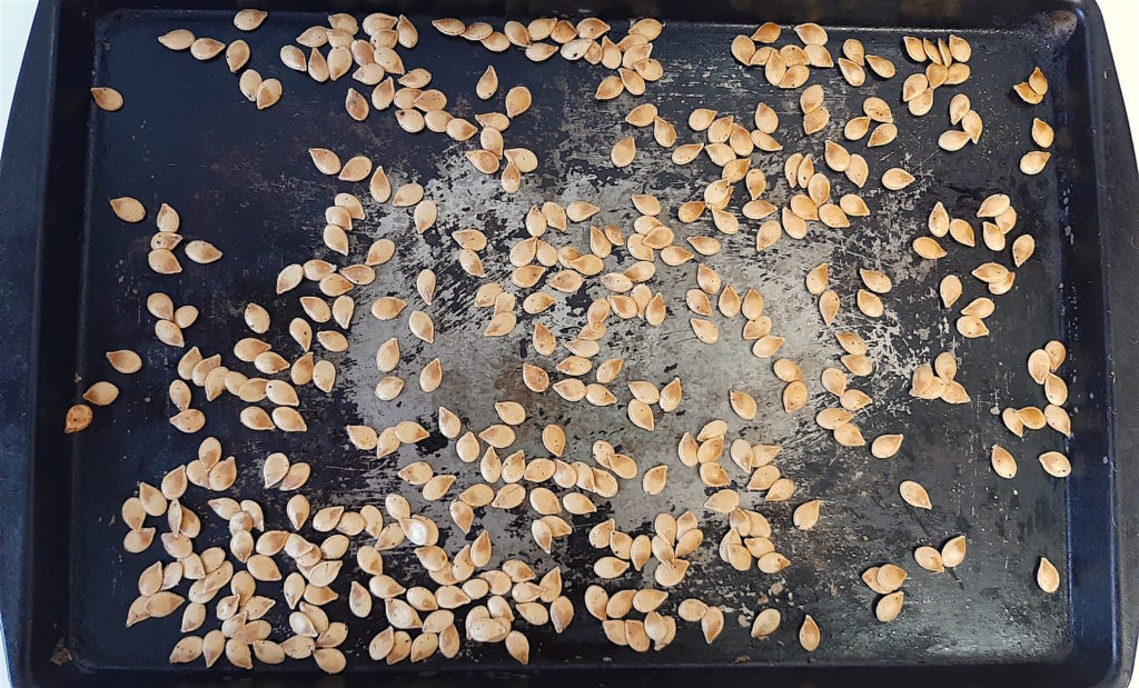 Roast Acorn squash seeds on a pan out of the oven