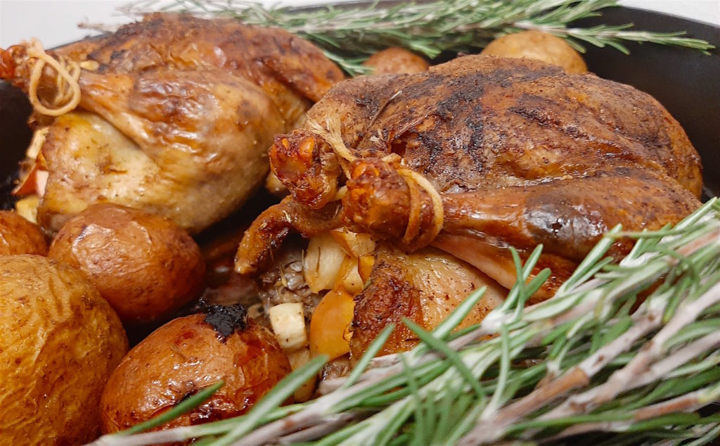 Cornish Game Hens Cast Iron Skillet with Potatoes, Apples, Parsnips, Rosemary