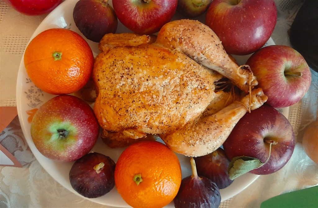 Fall Dinner Spread. Roast Chicken with apples, oranges, and figs.