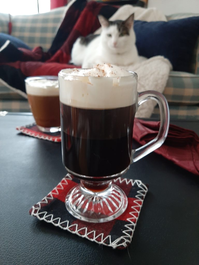 Irish Coffee, Irish whisky, coffee, cream, nutmeg, cozy, good morning, cat, Fall cocktail, Winter Cocktail