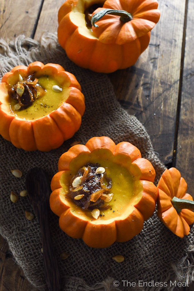 Curried Pumpkin Soup with Maple Ginger Caramelized Onions from The Endless Meal, 3 Fall Soups to Meal Prep this week, Dinners for weeks before Thanksgiving