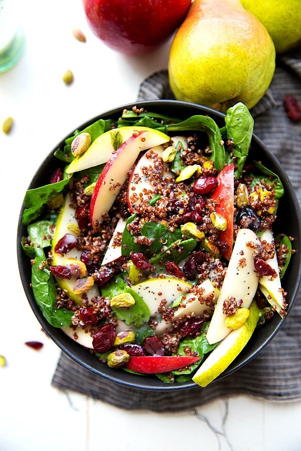 Apple Pistachio Quinoa Salad by Chelsea's Messy Apron, Fall Salads to meal prep, Fall Salads to eat light before Thanksgiving