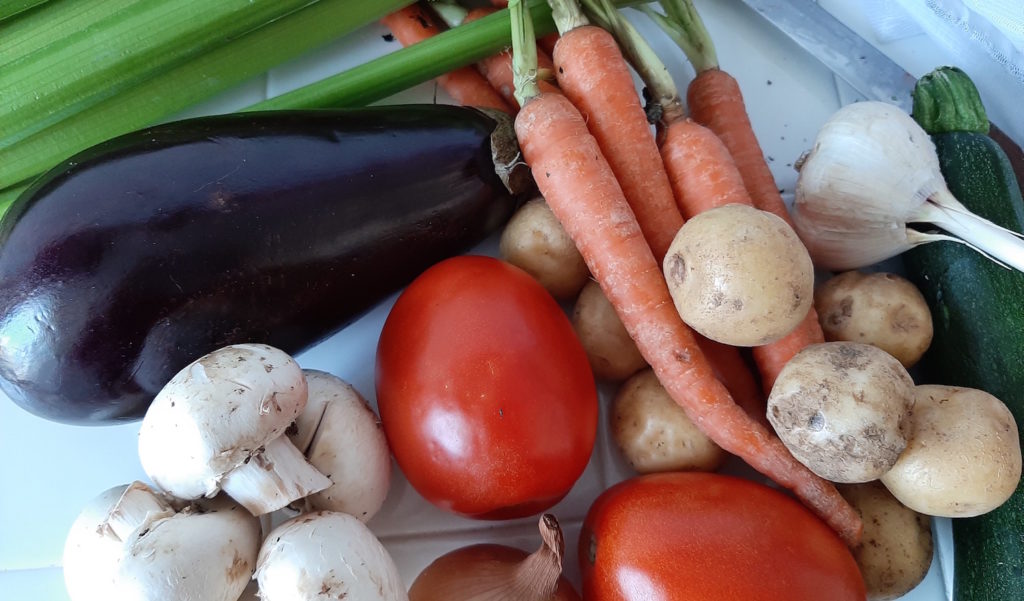 Celery, Carrots, Garlic, Zucchini, Potatoes, Tomatoes, Onion, Mushrooms, Eggplant vegetables for stew