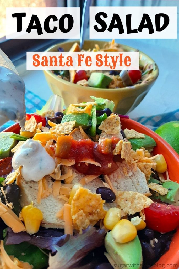 Spicy Santa Fe Style taco salad pinterest image. Sugar with Spice blog