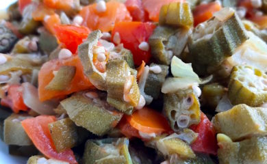 Southern Sautéed okra with onions, garlic, and tomatoes, Close Up Shot in white bowl. Sugar with Spice Blog.